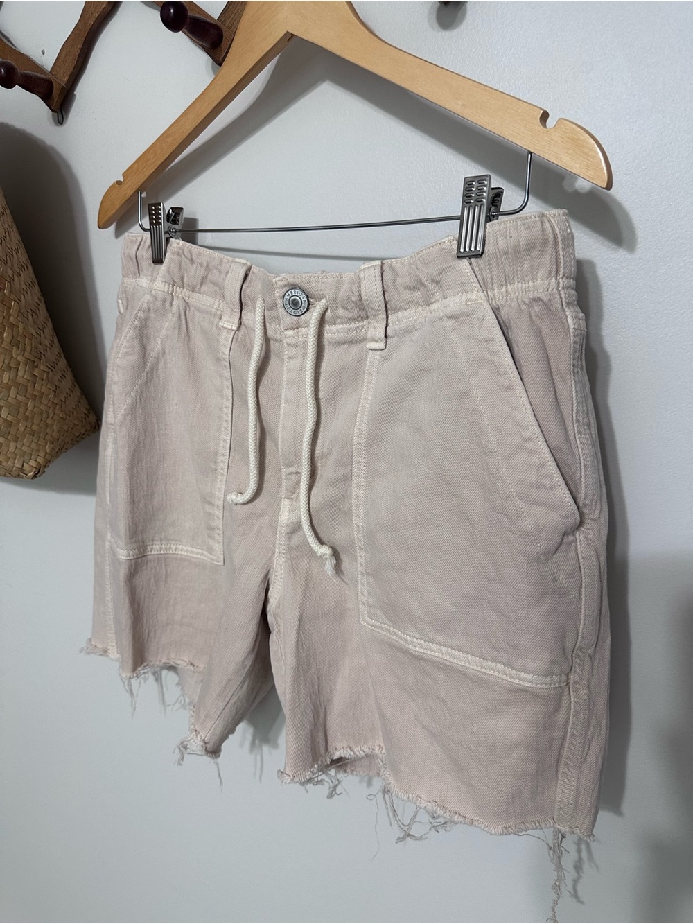 American Eagle Tan Raw Hem Drawstring Cotton Shorts - Picture 2 of 5